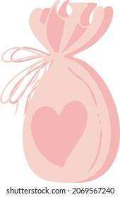 Geschenktasche mit Herz und Bänder Vektorgrafik einzeln Element. Schreibebeutel mit Runen, Schmuckverpackung. Zeichnung für Glückwünsche, Karten und Flyer