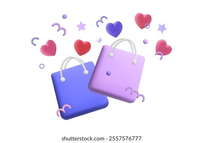 Gift bag with hearts, fly confetti. Gift delivery, shipping packaging. Sale, promotion, advertising. Online shopping, free delivery box. Festive event sales Valentine's Day. Vector. 