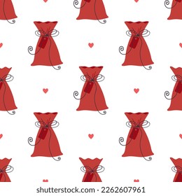 Gift bag for the holidays with hearts. Fancy seamless pattern. 