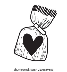 
Gift bag icon in doodle style. Black and white hand drawn illustration. Gift with a heart for valentine's day