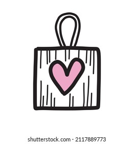 Gift bag icon in doodle style. Black and white hand drawn illustration. Gift with a heart for valentine's day