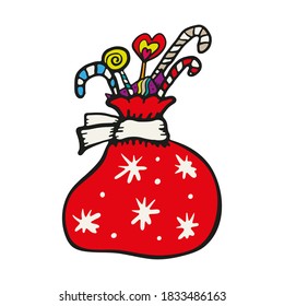 Gift bag icon. Santa Claus. Colored contour silhouette. Ink cartoon sketch drawing. Vector flat graphic hand drawn illustration. Isolated object on a white background. Isolate.