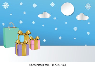 Gift and bag on a blue background with a snow and moon icon. Creative design concept Banner Winter sale. Paper art style. Vector illustration.