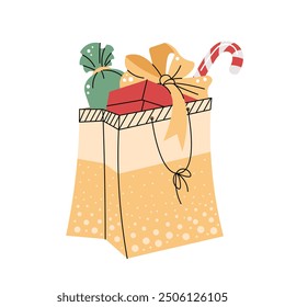 Gift bag on white background. Vector Christmas illustration in flat style. Suitable for stickers, prints and design.