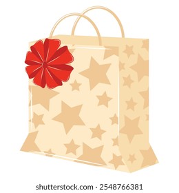 Gift bag with red bow and star pattern, Vector