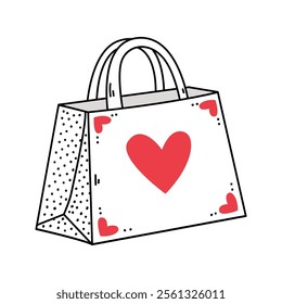 Gift bag with red heart, doodle illustration