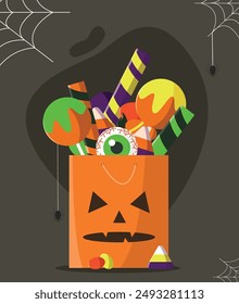 Bolso del regalo con los dulces en el estilo de Halloween en el fondo oscuro. Ilustración vectorial en estilo plano.