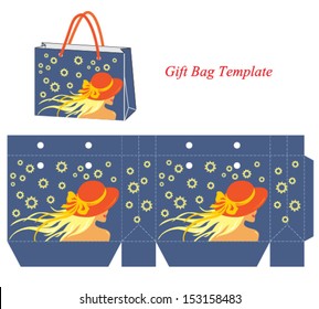 Gift bag template with a blond girl with a hat. Vector illustration.