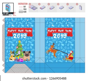 gift bag template with christmas tree, animals and santa claus. stock image vector