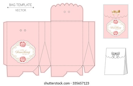 Gift Bag Template With Hand Drawn Roses And Curly Design Elements In Retro Style. Die-stamping