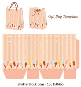 Gift bag template with stripes and colorful ice cream. Vector illustration.