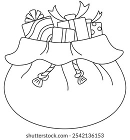 Gift bags or drawstring bags containing presents of santa claus line outline doodle hand drawn cartoon