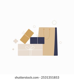 Gift bags and wrapped presents in flat vector illustration symbolizing shopping, gift giving, and special occasions, isolated on white background.