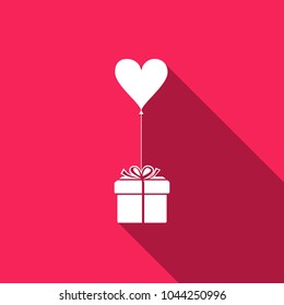 Gift with balloon in shape of heart icon isolated with long shadow. Valentine's day, wedding, birthday card. Flat design. Vector Illustration