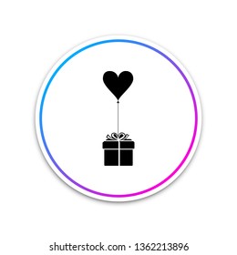 Gift with balloon in shape of heart icon isolated on white background. Valentine's day, wedding, birthday card. Circle white button. Vector Illustration