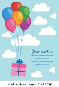 gift with balloons over blue sky. vector illustration