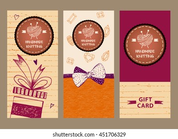 Gift banner for master classes in needlework. Ball of yarn in the form of heart and knitting needles. Hand drawn vector logo. Knit and Crochet.