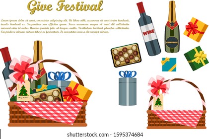 Gift Basket Decoration For Happy Christmas Thanksgiving Day Or New Year. Empty Wicker Basket With Ribbon, Gifts, Wine, Champagne, Cakes Or Cookies, Wrapped Boxes And Tag. Flat Vector Illustration.