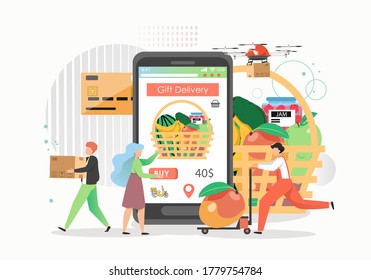 Gift basket delivery, vector flat style design illustration. Large wicker basket with different fruits on smartphone screen, woman doing online shopping, courier with parcel. Gift delivery service.