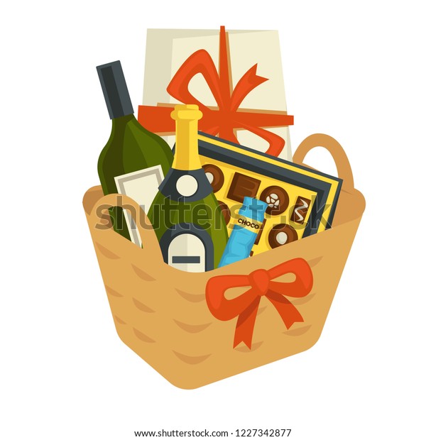 Gift Basket Full Chocolates Alcohol Bottles Stock Vector Royalty