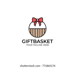 Gift Basket Logo Template. Hamper Vector Design. Wicker Basket Illustration