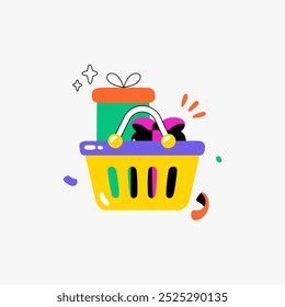 Gift basket with presents in flat vector illustration symbolizing shopping, gift giving, and celebrations, isolated on white background.
