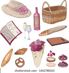 Gift basket. Set Isolated objects on a white background.Picnic date. Picnic basket, hat, book, bottle of wine, bouquet of roses, dessert, baguette, croissant.