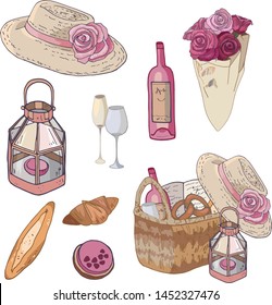 Gift basket. Set Isolated objects on a white background.Picnic date. Picnic basket, hat, book, bottle of wine, bouquet of roses, dessert, baguette, croissant.