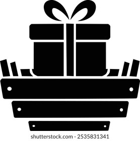 Gift Basket Silhouette Vector Art. Features a festive black and white gift basket with a ribbon-tied box and smaller items, perfect for celebration themes, holiday cards, and creative designs.