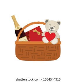 Gift basket for Valentine's Day. Wicker basket with a red box of chocolates and a bottle of wine. There is also a teddy bear with a heart in the picture. Vector illustration