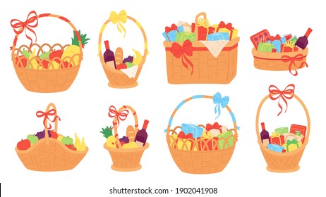 Gift Basket. Wicker Baskets With Present Boxes For Christmas, Food, Fruit, Chocolate And Vine Bottle. Flat Hamper With Bow Ribbon Vector Set. Illustration Gift Present With Chocolate And Fruits, Gifts