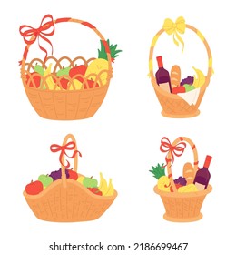 Gift basket. Wicker present full of fruits. Handmade container made of wicker with ribbon bow on handle. Birthday package with wine bottle, baguette, apples, grapes and pineapples vector set