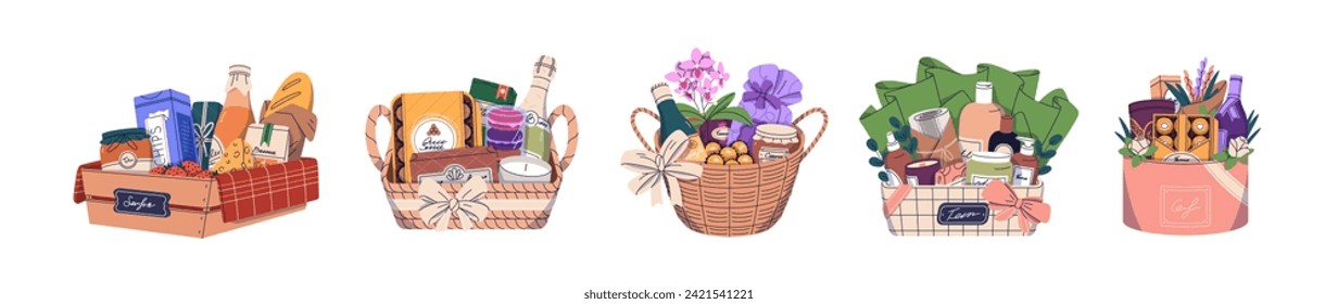 Gift baskets set. Food, sweets and cosmetics kits in wood box, wicker, hamper. Holiday presents with snacks, wine, beauty products, confectionery. Flat vector illustration isolated on white background