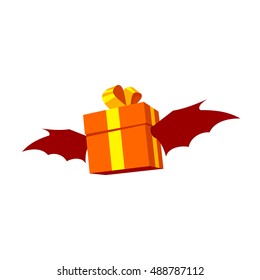 Gift with bat wings. Happy Halloween illustration on a white background.