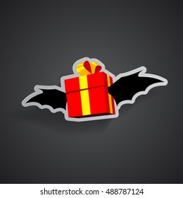 Gift with bat wings on a black background. Happy Halloween illustration. Halloween gifts and discounts template for greeting card.