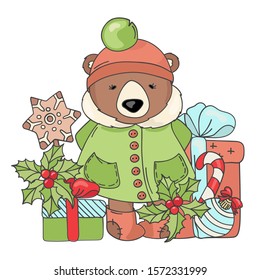 GIFT BEAR Merry Christmas Cartoon Vector Illustration Set