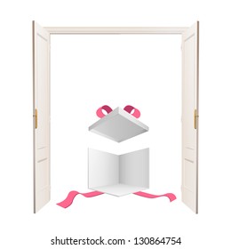 Gift behind the door. Vector design.