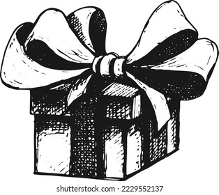 Gift with big bow, box with ribbon. Hand drawn vector drawing of a gift for the holiday, birthday or New Year