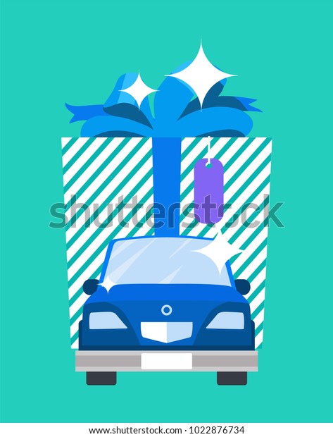 Gift big image and car, poster with present\
and wrapping made of stripes, ribbon and bow, shining and glowing,\
isolated on vector\
illustration