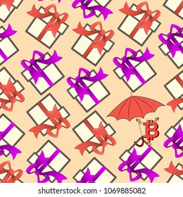 Gift bitcoin. Funny bitcoin and gifts. Seamless pattern. Digital currency. Cryptocurrency sign and gifts on light background. Illustration of financial technology. 