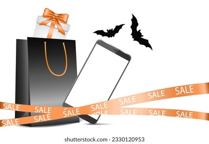Geschenk schwarze Tasche mit Geschenkbox und Schleife. Mobiltelefon, Smartphone mit weißem Bildschirm, Kopienraum, E-Commerce, Halloween Online-Verkauf, Rabatte. Banner für Geschäfte und mobile Anwendungen