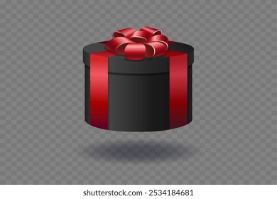 Gift black box with shadow and red ribbon and bow. On a transparent background.