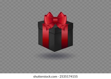 Caja negra del regalo con la sombra y la cinta roja y el lazo. Sobre un fondo transparente.