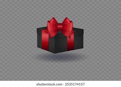 Gift black box with shadow and red ribbon and bow. On a transparent background.