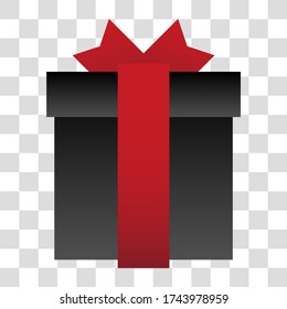 A gift in a black box, tied with a red ribbon, and a bow peeking out from behind the lid, on a transparent background in vector.