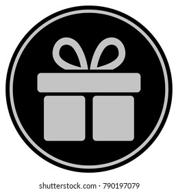 Gift black coin icon. Vector style is a flat coin symbol using black and light gray colors.