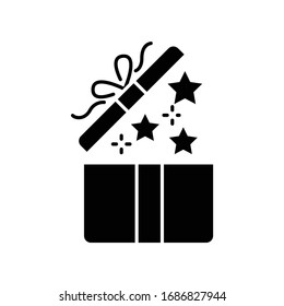 Gift black glyph icon. Open present. Surprise in festive box. Party item. Special prize. Decoration with ribbon and confetti. Give away. Silhouette symbol on white space. Vector isolated illustration