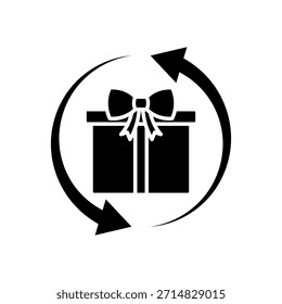 Gift black icon. Present with arrows. Surprise in box. Celebrate birthday. Give away. Thin line customizable illustration. Contour symbol. Vector isolated outline drawing. Editable stroke