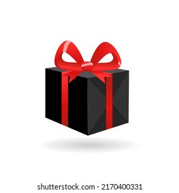 Gift in black wrapping paper with red ribbon and bow isolated on white background. 3d.  Vector stock illustration for black friday sale. 