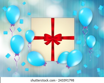 gift with blue balloons and falling confetti